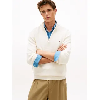 Strickpullover TOMMY HILFIGER "SEASONAL STRUCTURE ZIP MOCK", Herren, Gr. M, ivory petal, Strick, Obermaterial: 100% Baumwolle, unifarben, regular fit normal, Rundhals, eingesetzt Rippbündchen, Pullover Strickpullover, Regular fit mit Troyerkragen