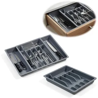 LS-LebenStil Besteckkasten Schubladeneinsatz Besteckkasten 29-50cm Grau ausziehbar Besteckbox (Besteckbox ideal in Küche, Haushalt für Aufbewahrung & Organisation, 1 St., Organizer verstellbar für handelsübliche Küchen-Schubladen), Kunststoff Cutlery Utensilienhalter Schubladentrenner grau