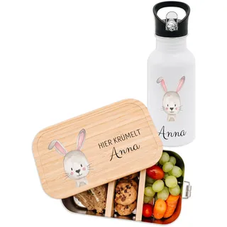 wunderwunsch Set Trinkflasche + Brotdose, Lunchbox Bento Box personalisiert für Schule, Kita, Kindergarten in 3 Varianten und 12 Designs mit deinem Namen (Hase)