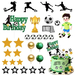 Biamaleu Tortendeko Fussball, 31 Stück Kuchen deko Fußball Deko Geburtstag | mit Mini Trophäe, Happy Birthday Tortendeko, für Thema Party, Geburtstag, Wettbewerb