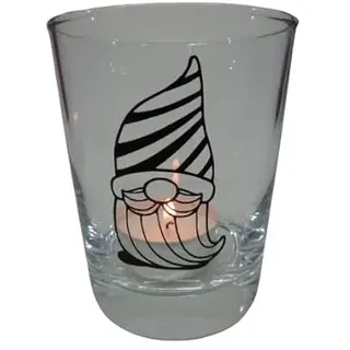 Lichtidee Teelicht Glas Windlicht Tischlicht Print schwarz mit Streifen Wichtel schwarz Herbst Handmade Unikat Maritim Geburtstag Ostern Muttertaggeschenk, Höhe 8cm,