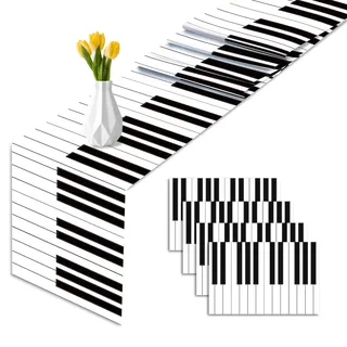 6 Stück Musik Tischläufer Schwarz Weiß Musiknoten Klavier Tischläufer Party Dekoration Tischdecke für Musik Deko Festival Party Zubehör,275x35CM