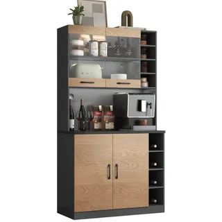 Rutaqian Küchenbuffet Küchenschrank, Buffet mit LED-Ambiente Beleuchtung und Kabellöchern (Küchen-Highboard aus Holz, 100x47x187cm) für Mikrowelle, freistehend, höhenverstellbare seitliche Ablagefächer grau