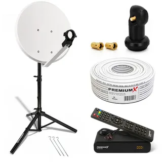 PremiumX Camping Komplett Sat Anlage 45cm Satelliten-Schüssel Single LNB 10m Kabel F-Stecker Dreibein Stativ HDTV Receiver