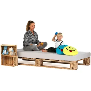 Lermowood Palettenbett M1 aus Holz 100 x 200 cm Geflammt mit Lattenrost Holzbett 20cm Stabiles Seniorenbett Kinderbett Jugendbett Gästebett erhöhtes Einzelbett Bettgestell Futonbett Komforthöhe