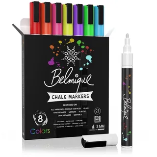 Belmique Malkreide Kreidemarker - Kreidestifte 3MM Bunt, (8-tlg), Ideal als Kreidestifte, Folienstifte, Tafelstift, Glasmarker bunt