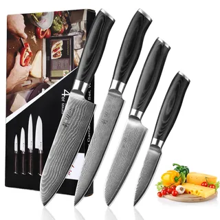 Wakoli Mikata Messerset 4-teilig aus 67 Lagen Damaststahl mit VG10 Kern | Santoku, kleines Santoku, Fleischmesser und Officemesser mit Micarta-Griffen, 15° V-Schliff und Geschenkbox, Härte 60±2 HRC