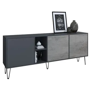 Vladon Sideboard Havana (TV-Schrank mit 3 Türen und 2 offene Fächer, Kommode Made in Germany), Anthrazit matt / Beton Oxid Optik (181,5 x 73 x 35 cm) grau
