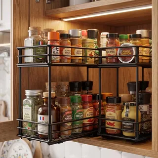 Gewürzregal Ausziehbar Schrank, 2 Stück, Aufbewahrungsregal 2 Etagen Gewürzregale für Küche, Gewürzregal herausziehen, Küchenschrank Organizer mit Schrank Regal, Flaschen Öl Zutaten Gläser Kochen
