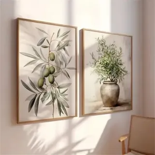 2er Poster Set Olivenzweig Wandbilder, Sanfte Aquarellkunst Leinwand Bilder mit Olivenzweigen und Terrakottavase in Beige Grün, Rustikale Landhaus Boho Küchen Wanddekoration ohne Rahmen (50X70 cm)
