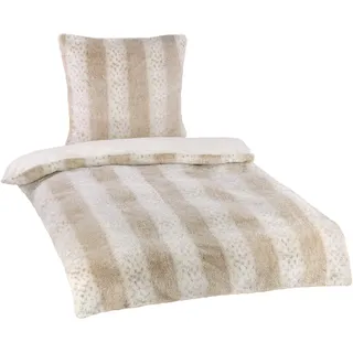 BaSaTex Winter Plüsch Flausch Bettwäsche Bett Garnitur 2-teiliges Set|135x200 cm + 80x80 cm | Schnee Leopard | Chinchilla Fellimitat | Weiß Beige Grau