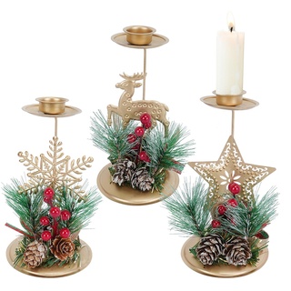 LIPJISL 3 Stück Weihnachten Kerzenhalter Gold Kerzenteller Metall Kerzenhalter Weihnachten Kiefern Deko Kerzenständer Advent Kerzenstecker für Advent Weihnachten Tisch Deko 15 * 8cm