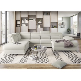 Wohnlandschaft SIT&MORE "Cabrio" Sofas Gr. B/H/T: 359 cm x 87 cm x 230 cm, Struktur fein, Recamiere rechts, mit Sitztiefenverstellung-mit Kopfteilverstellung-mit Armteilfunktion-mit 3 Nierenkissen, beige (linen) Wohnlandschaften Sitztiefenverstellung und Federkern, jeweils inklusive 3 Nierenkissen