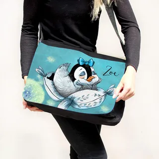 ilka parey wandtattoo-welt Schultertasche Schultasche Tasche Umhängetasche mit Mädchen Pinguin auf Kissen Pusteblume & Wunschname tsu54