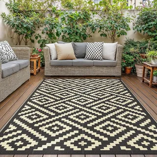 GENlMO Outdoor Teppich Wetterfest 180x275cm Picknickdecke Plastik-Strohhalm Matte UV-bestandig Camping Teppich Waschbarer Outdoor Teppiche fur Garten, Balkon,Pool, Deck, Hinterhof, Schwarz & Beige