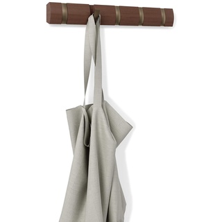 Umbra Flip 5 Garderobenhaken - Moderne, Schlichte und Platzsparende Garderobenleiste mit 5 Beweglichen Haken für Jacken, Mäntel, Schals, Handtaschen und Mehr, Helle Walnuss/Gold