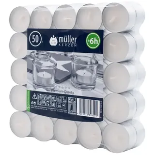Müller - Teelichter - Packung mit 50 Stück - 6 Stunden Brenndauer - Weiß - Unparfümiertes Wachs – Tropffrei