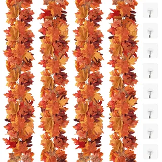 SOMYTING 4 Stück Künstliche Ahornblatt Girlande Herbstblätter unechte Herbstlaub Girlande Hängende Reben Herbstdeko blätter für Zuhause Küche Garten Erntedankfest Abendessen Party Kamin Dekoration