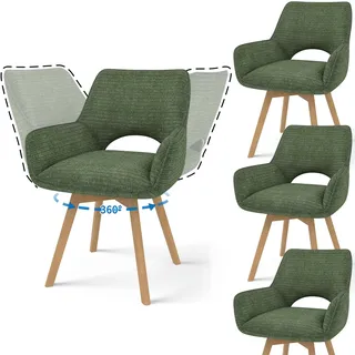 JIJIAN 4er Set 360° Drehbare Esszimmerstühle mit Armlehnen, Grün | Drehbar Stühle Esszimmer mit Holzbeinen, Moderner Küchenstuhl aus Cord, Polsterstuhl für Esszimmer, Küche, Wohnzimmer