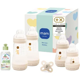 MAM Easy Start Anti-Colic Neugeborenen-Set, 0+ Mon, beige | Enthält 4 Anti-Colic Babyflaschen und 1 Original Start Schnuller, ideal ab der Geburt