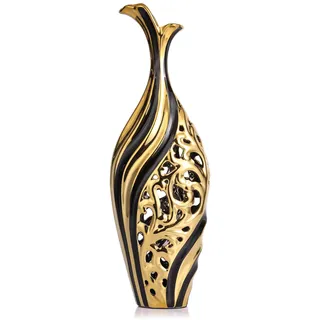 Schwarz Gold Bodenvase 50cm Hoch, Keramik Große Deko Vasen Durchbrochen Kreative Vase Für Pampasgras & Trockenblumen, 50cm Hohe Standvase für Home Office Hochzeit Weihnachten Einweihungsparty Dekor