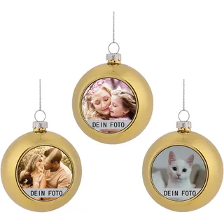 MilyaDE 3 Stück Weihnachtskugeln mit eigenem Bild, Kunststoff innen Glitzer Lametta 6cm, Christbaumkugeln Personalisierte selbst gestalten, Gold