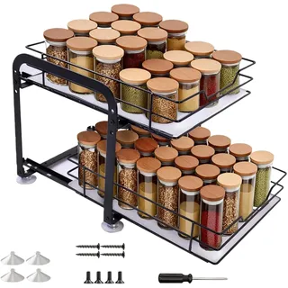 AmoreTempo Gewürzregal Ausziehbar 2 Etagen Metall Küchenschrank Organizer | Gewürz Organizer Höhenverstellbar,rutschfest mit PVC-Einlage,Saugnapf kein Bohren,2 ausziehbare Körbe,stehend–28x24x23cm