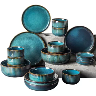 fikujap Steingut Geschirr Set, modern Teller Set,Keramik tafelservice speiseteller, Vintage Geschirr bunt,Fine Porcelain Crockery, Blue Dinner Plates, Deep Soup Plates,Serving Dishes 28-Piece