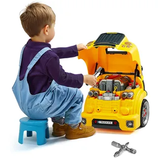 Vevor Motorspielzeug, 60-teilig, Autoreparaturset für Kinder, mit abnehmbaren Teilen, Lichtern & Geräuschen, Lenkrad & Hupe, Mechaniker-Werkstattset Kleinkinder ab 3 Jahren, Gelb