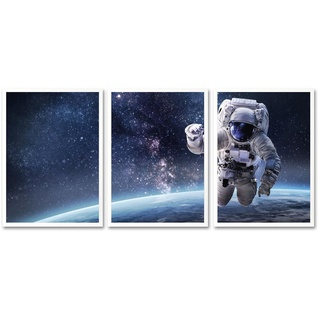 queence Bild mit Rahmen »Astronaut - Weltall - Weltraum - Gerahmter Digitaldruck - Wandbild«, Astronaut (3er-Set), 3x 30x40 cm - Holzrahmen - Dekoration - Weißer Rahmen - Triptychon blau|bunt