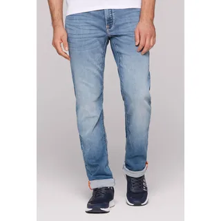 Comfort-fit-Jeans CAMP DAVID, Herren, Gr. 36, Länge 30, blau (mid blau jogg), Sweatware, Material: 68% Baumwolle, 16% Polyester, 14% Lyocell, 2% Elasthan, Zusatz: Enthält nichttextile Teile tierischen Ursprungs (Badge), Abriebeffekte, comfort fit, Jeans, mit zwei Leibhöhen
