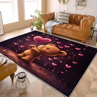 PaxGloz Bären Teppich Kinderzimmer - Teppiche Wohnzimmer Schlafzimmer Babyzimmer Bär, Kleiner Teppich Rosa Herzen, Weich Kurzflor & Waschbar & rutschfest Fussmatte Innen, Kinderteppich 60x90 cm