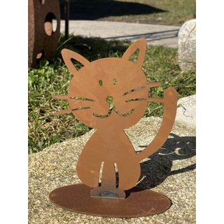 Edelrost Figur Doodle Familie auf Bodenplatte zur Auswahl Garten Dekoration Geschenk (Metall, Katze Kitty)