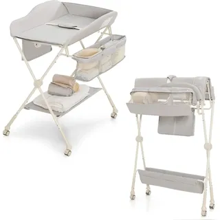 Costway - Klappbare Wickeltisch, Hoehenverstellbarer Wickelstation Mit Stauraum & Abnehmbaren Feststellbaren Radern & Sicherheitsgurt & Wasserbecken, Mobile Wickelkommode Für Baby (grau)