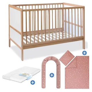 Pinolino Babybett-Komplett-Set Carla Buche teilmassiv lackiert 3-fach höhenverstellbar, 3 Schlupfsprossen inkl. Bettwäsche, Bettschlange & Matratze 70 x 140 cm - Pusteblume - Natur