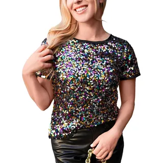 T-Shirt Damen Kurzarm Frauen Elegant Glitzer Rundhals Shirt Pailletten Oberteile Karneval Fasching Party T-Shirts Locker Bluse Tops Festlich Damenbluse Tunika Glitzertop Sommershirt Kurzarmshirts