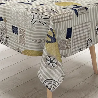 KEVKUS Wachstuch Tischdecke B6035-02 maritim Anker Seestern Holz wählbar in eckig, rund und oval - Größe eckig 100x140cm mit Paspelband