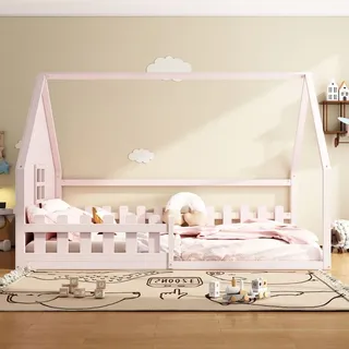 SOFTWEARY Hausbett mit Lattenrost, Rausfallschutz und Zaun, 140x200 cm, Kinderbett, Einzelbett, Jugendbett - Rosa