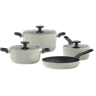 BergHOFF Leo 7-teiliges Kochtopf-Set, Antihaft-Keramikbeschichtung, Induktion, recyceltes Aluminium, grün, Glasdeckel, Antirutsch-Griffe - Grün