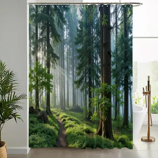 NAWVNMI Duschvorhang Ruhig Wald Grün Duschvorhänge 240 x 200 cm Anti-Schimmel Wasserdicht Polyester Stoff Waschbar Bad für Badzimmer Nadelbäume dekorieren Vorhang Duschvorhänge mit 12 Haken