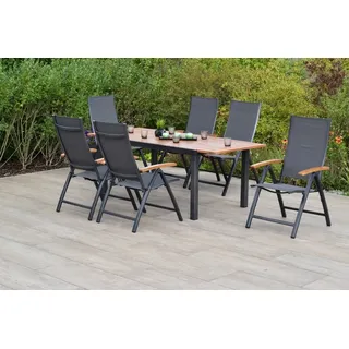 MERXX Garten-Essgruppe Toblino, (Set 7tlg., 6 Sessel, 1 AZ-Tisch, Aluminiumgestell mit Textilbezug und Akazienholz), ausziehbarer Tisch grau