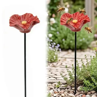Vogeltränke Blume aus Keramik,2026 Mini Blumen Gartenstecker Bienentränke, Insektentränke Garten,Bienenblüten Keramik Tränke,Blumenform Fütterungsschale,für Wildvögel Frostfest,Garten,Hinterhof-Rot