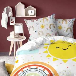 Omgoods - Bettbezug 140 x 200 cm - Für Kinder - Weiß mit Regenbogen - Polyester-Mikrofaser - Atmungsaktiv - Mit 1 Kopfkissenbezug 65 x 65 cm - Be...