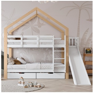 Flieks Etagenbett, Kinderbett mit Rutsche, dreistufiger Leiter und 2 Schubladen 90x200cm weiß