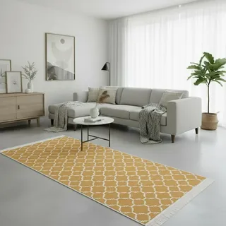 Fashion4Home Teppich Läufer - Tepiche für Wohnzimmer, Schlafzimmer, Küche, Kinderzimmer, Badezimmer - Boho Kelim - Läufer Flur, Morocco-Gold-Weiß, Größe: 80x150 cm