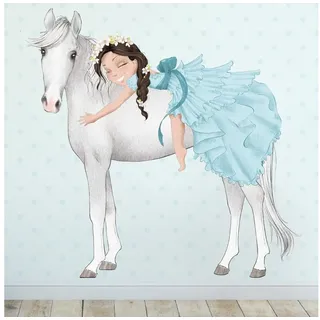 Sunnywall Wandtattoo Prinzessin Mädchen auf Pferd, Wandaufkleber Kinderzimmer, Pferde, selbstklebend, rückstandslos entfernbar weiß