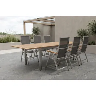 STERN Cardiff Garten-Essgruppe, silber/silbergrau, Edelstahl/Teak, Tisch 200/300 x 100 cm, 6 Klappstühle, FSC®-zertifiziertes Produkt