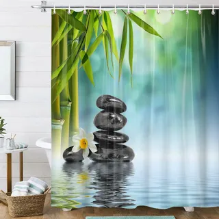 Epinki Grün Blau Duschvorhang Ecke 180x180CM, Polyester Duschvorhänge Pflanzen Stein Seewasser Bambus, Shower Curtains für Dusche mit Duschvorhangringen