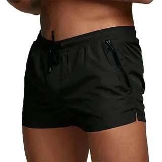 Fryloo Badeanzug Männer Schnelltrockner Badehose, Schwarze Brett Shorts Mit Reißverschluss Taschen & Mesh Liner Für Strand, Pool Schwimmen-Black-XXXL