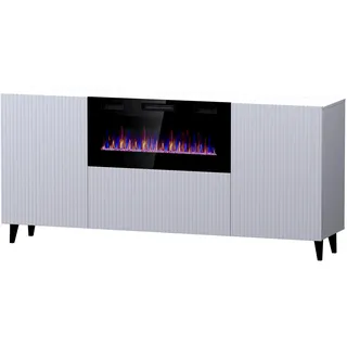 Furniture24 Kommode Pafos mit Kamin Wohnzimmerschrank mit 2 Klappe 2 Türen Weiß matt, 180x82x40